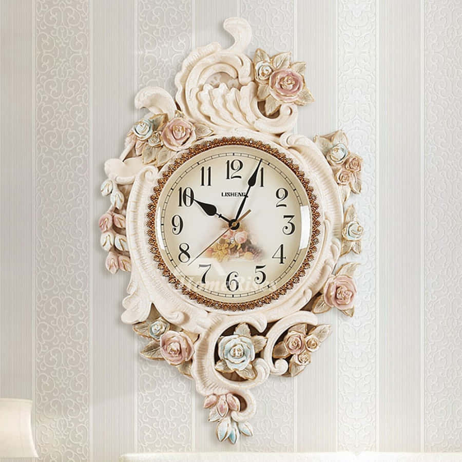 Clock 桌布 壁紙 — 一個華麗的奶油色掛牆鐘，飾有雕刻玫瑰和渦卷，掛在條紋壁紙前。