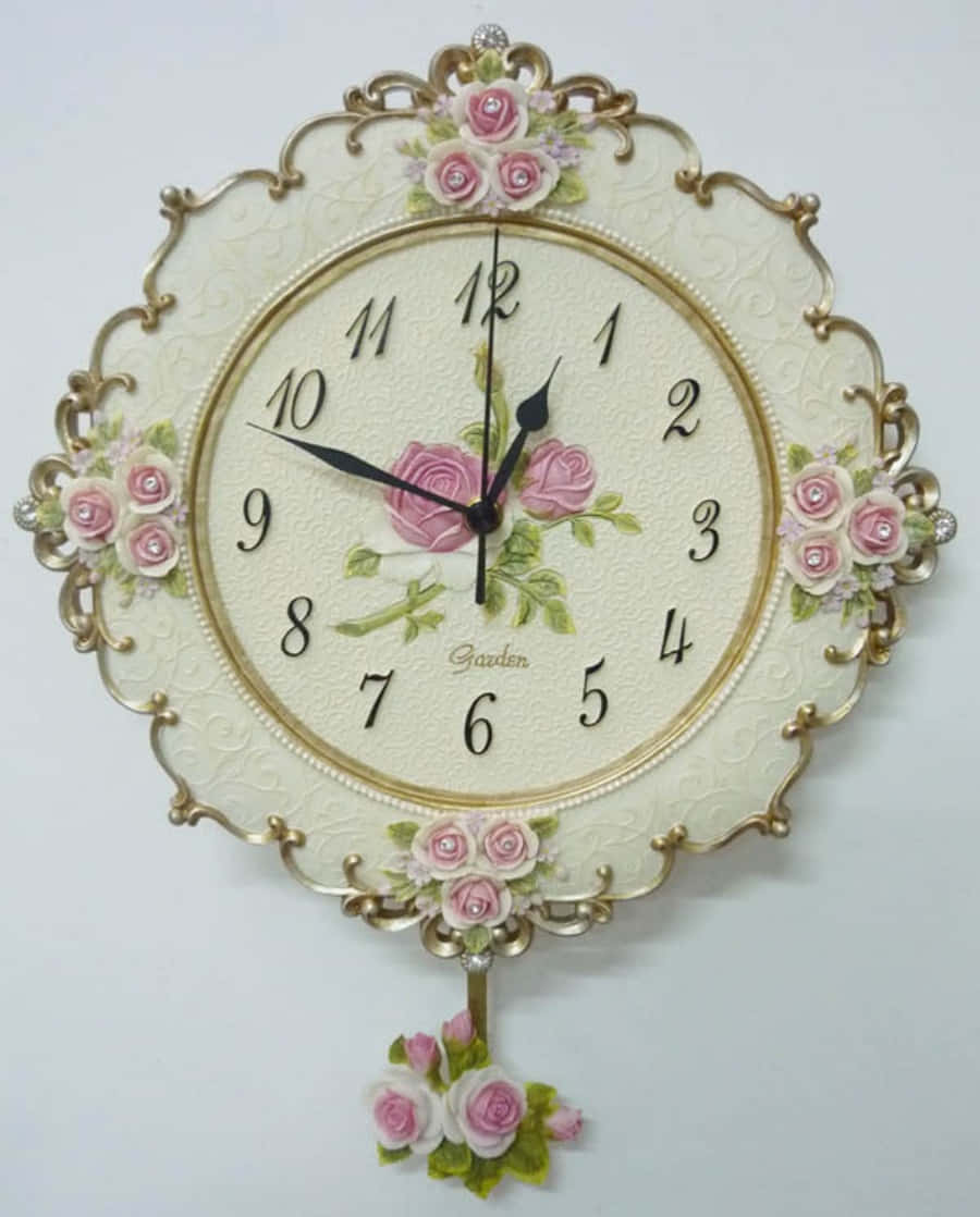 Clock 桌布 壁紙 — 一個華麗的復古掛鐘，飾有粉紅玫瑰和金絲細工，背景為純白色。