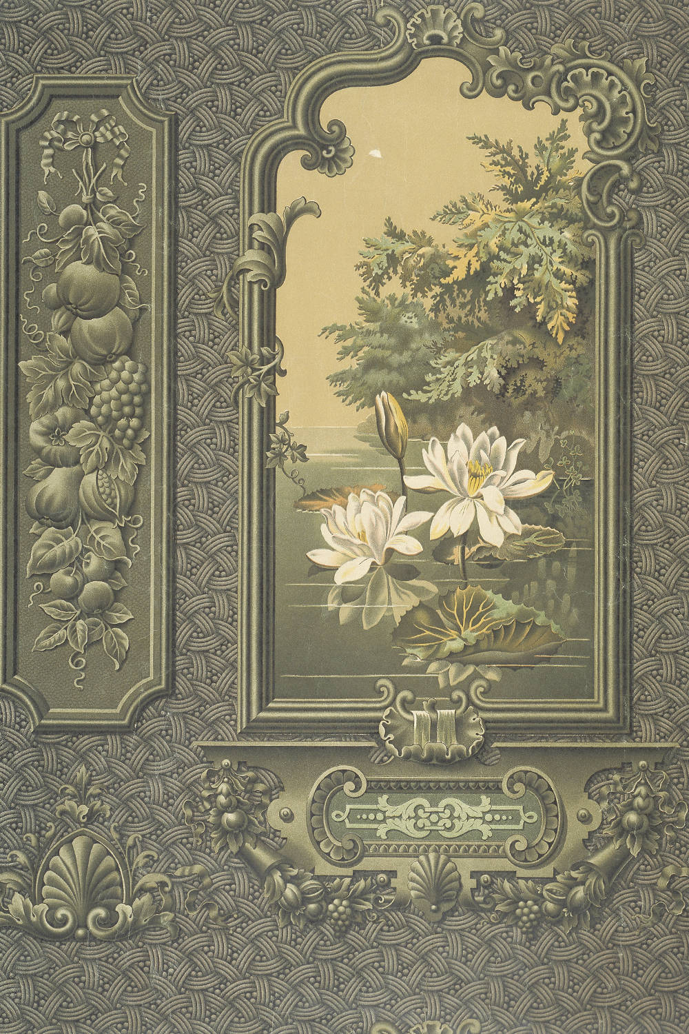 Victorian 桌布 壁紙 — 一個華麗的復古畫框，在帶有紋理的橄欖色背景上展示白色睡蓮和綠色葉子。