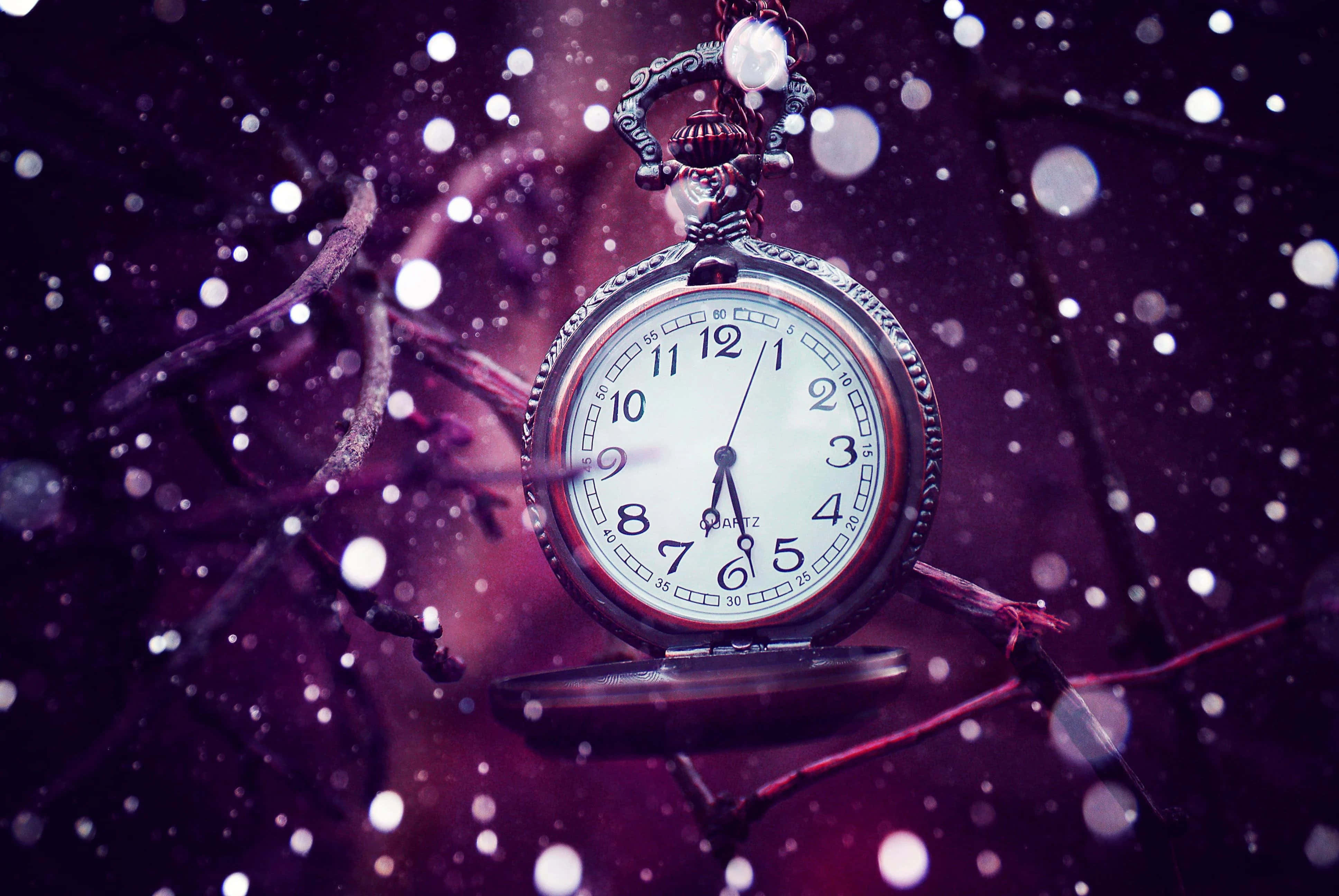 Clock 桌布 壁紙 — 一個華麗的懷錶懸浮在發光的球體和黑暗的樹枝之間，背景是深紫色。