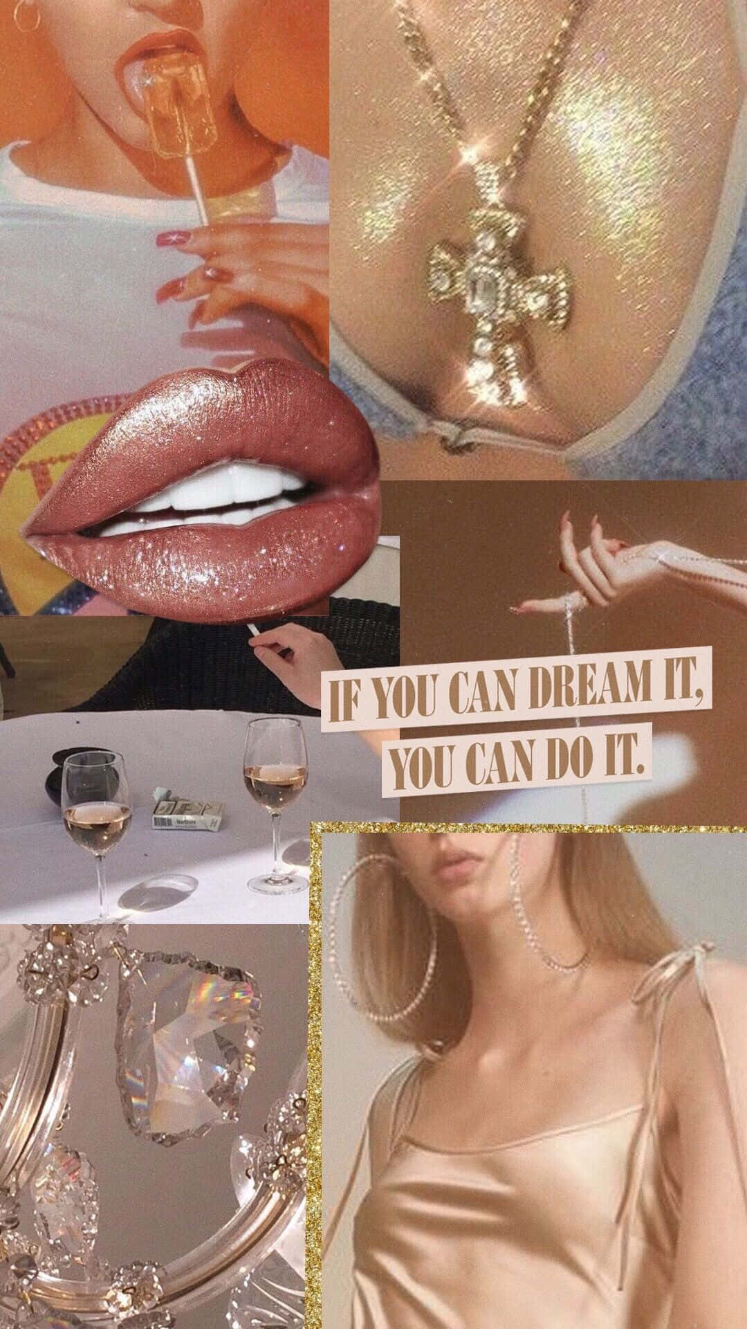 Baddie Vintage 90's Aesthetic 桌布 壁紙 — 一個華麗的拼貼畫，包含閃亮的嘴唇、珠寶和香檳時刻，並附有勵志名言。
