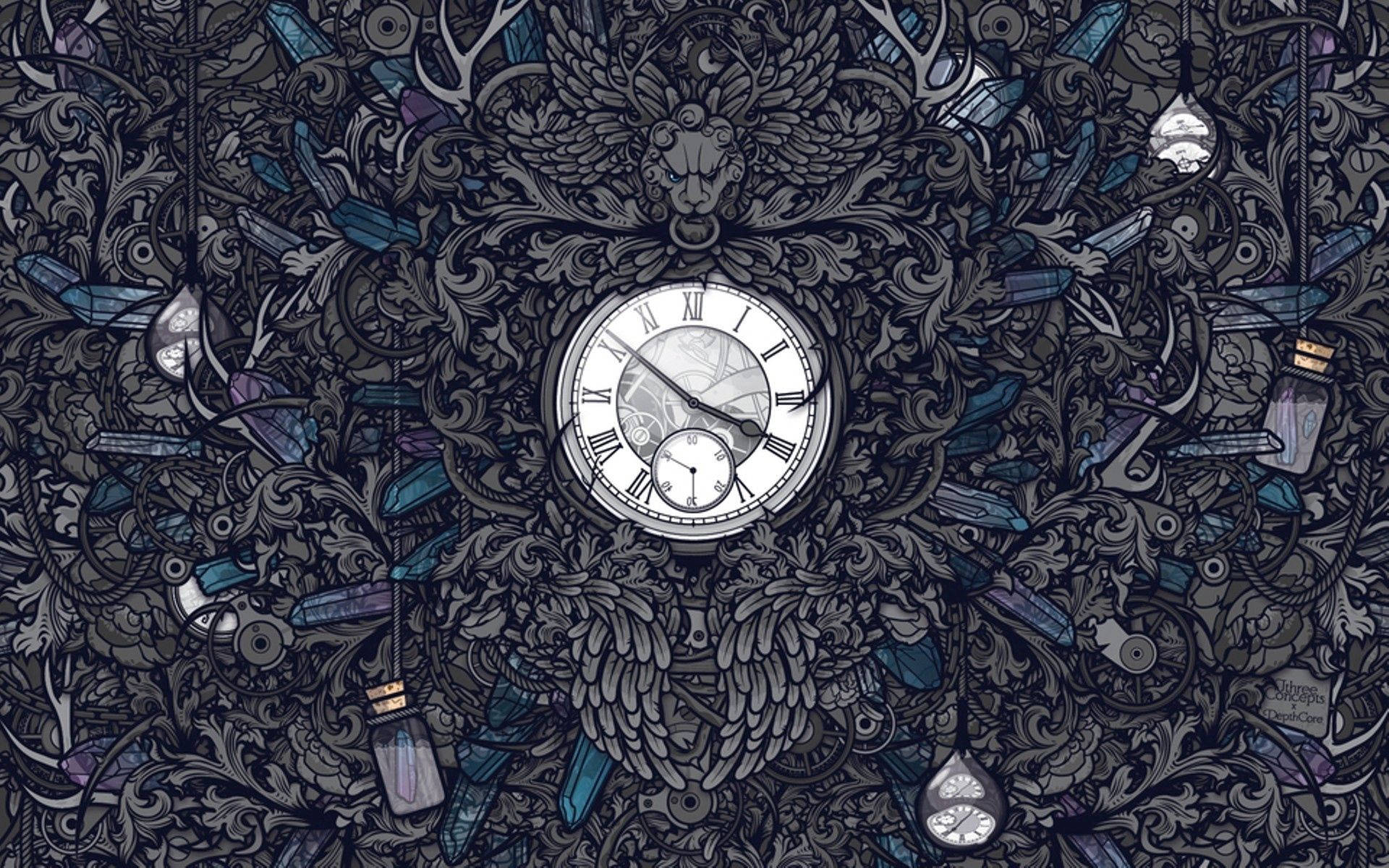 timer 桌布 壁紙 — 一個華麗的時鐘，周圍環繞著複雜的黑暗圖案和懸掛的玻璃瓶，呈現超現實、細緻的插圖。