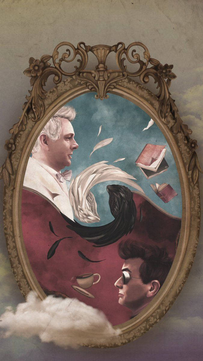 Good Omens 桌布 壁紙 — 一個華麗的橢圓形鏡子映照出兩個側面男子，書籍和羽毛在他們之間旋轉，背景是陰天。