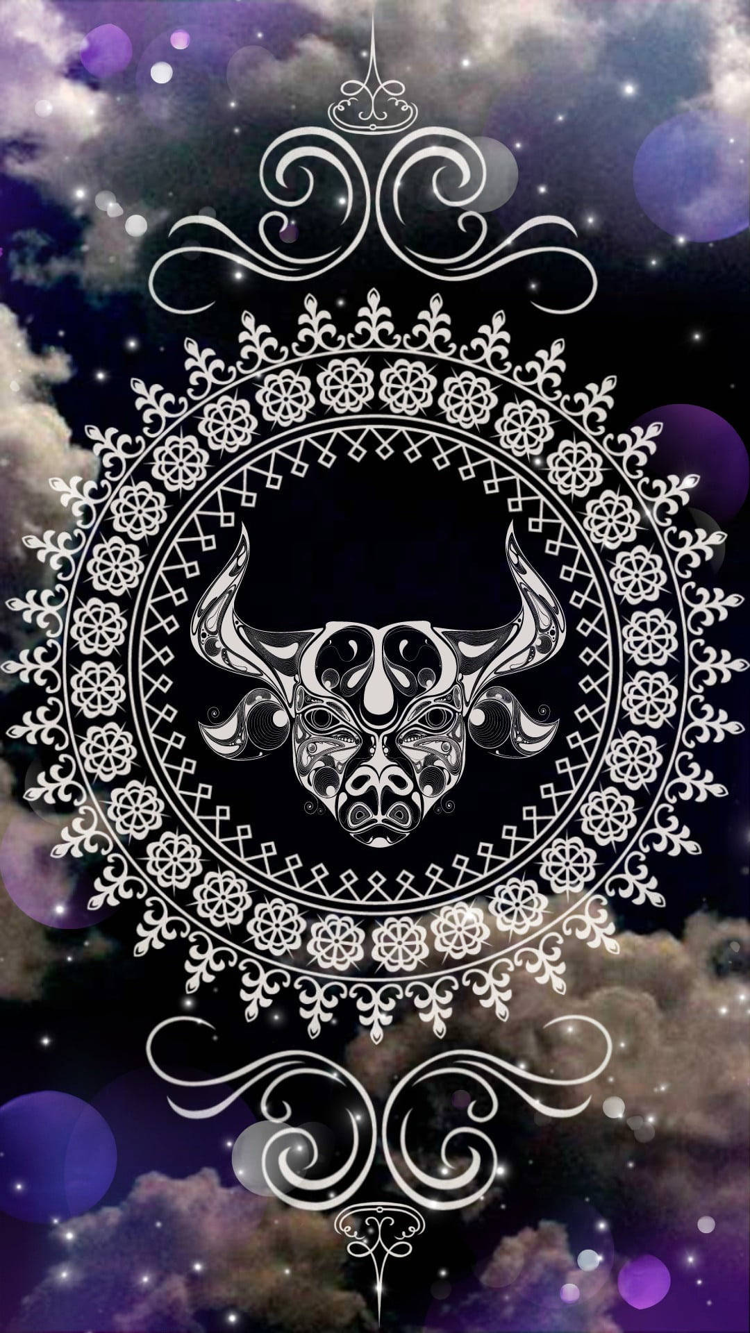zodiac 桌布 壁紙 — 一個華麗的白色公牛頭曼陀羅漂浮在星光燦爛的紫色和黑色宇宙天空，帶有散景燈光。