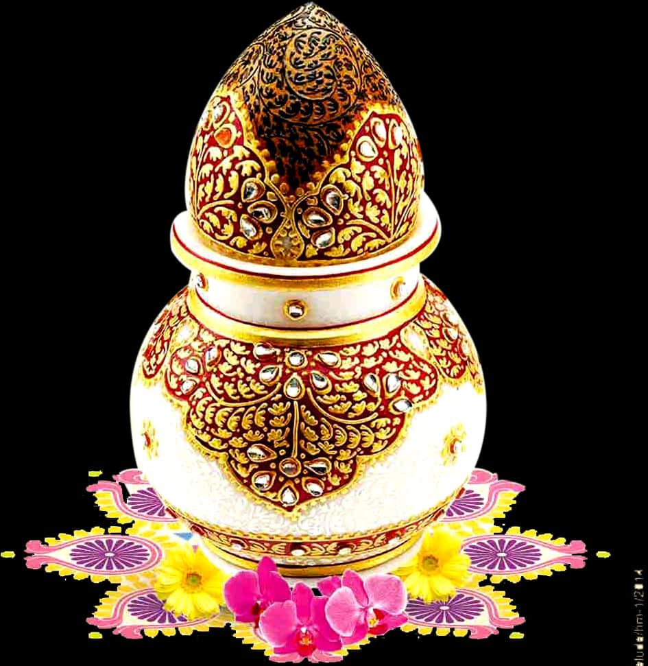 Hinduism 桌布 壁紙 — 一個華麗的白色和金色裝飾容器，帶有紅色鏤雕和寶石，放置在黑色背景上色彩繽紛的花卉 rangoli 圖案之上。