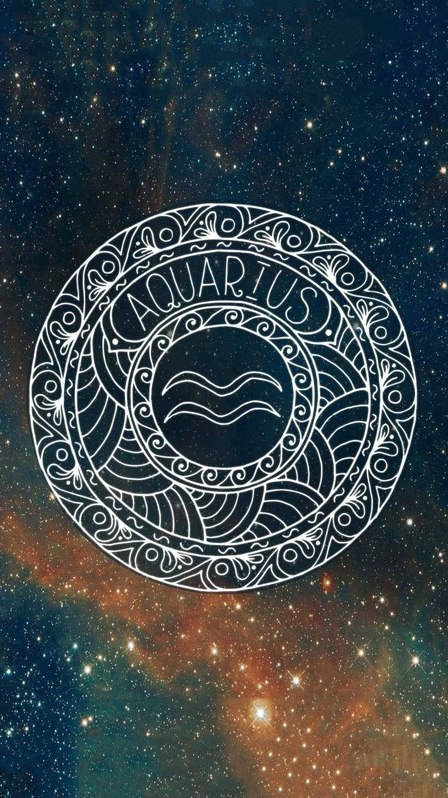 白色水瓶座星座符號在色彩繽紛的星空背景上。 — 曼陀羅 GIF 壁紙