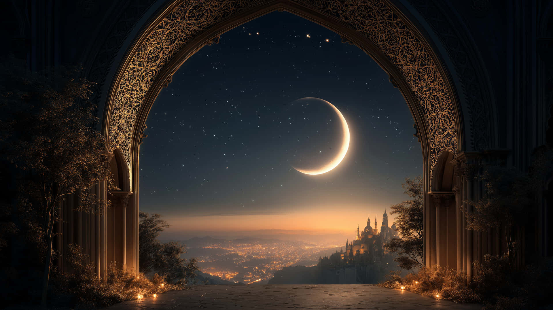 Ornate Archway Overlooking Moonlit Cityscape Horizon 壁紙 — 一個華麗的石拱門框住了一彎新月和繁星點點的夜空，下方是遠處閃爍的城市景觀。