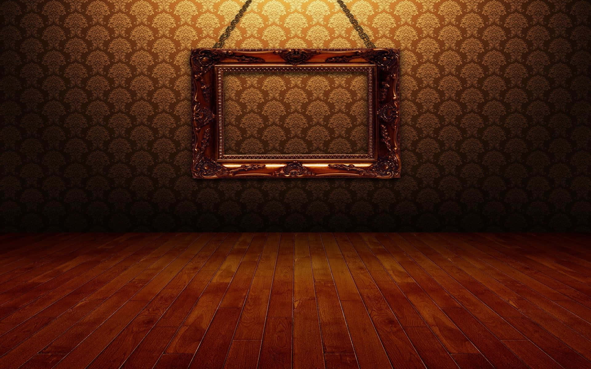 Frame 桌布 壁紙 — 一個華麗的空畫框居中掛在復古錦緞壁紙牆上，下方是拋光木地板。