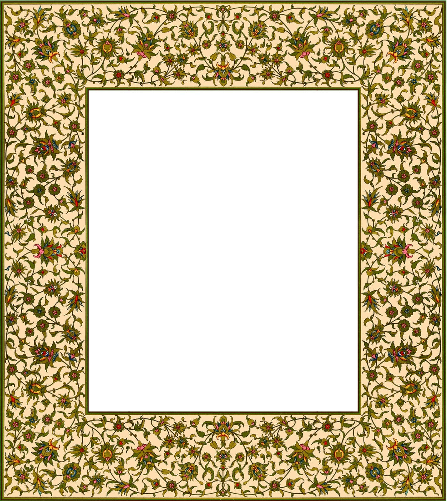 Frame 桌布 壁紙 — 一個華麗的花卉邊框，帶有複雜的藤蔓和花朵，以大地色調圍繞著一個空白的白色中心。