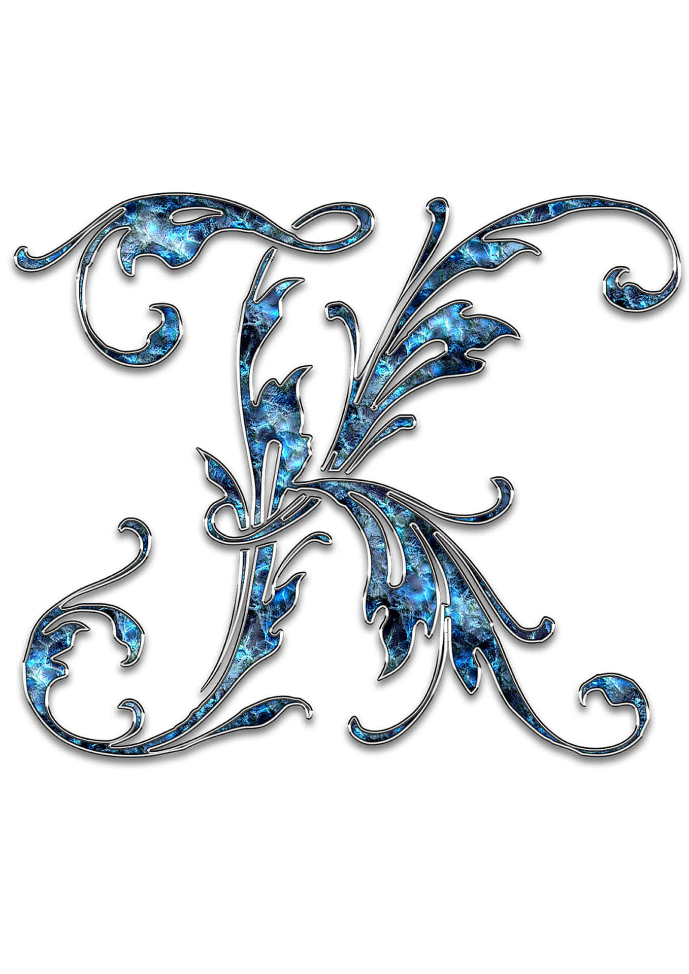 K 桌布 壁紙 — 一個華麗的藍色和銀色字母K，帶有漩渦狀花絲和乳白色紋理，背景為白色。