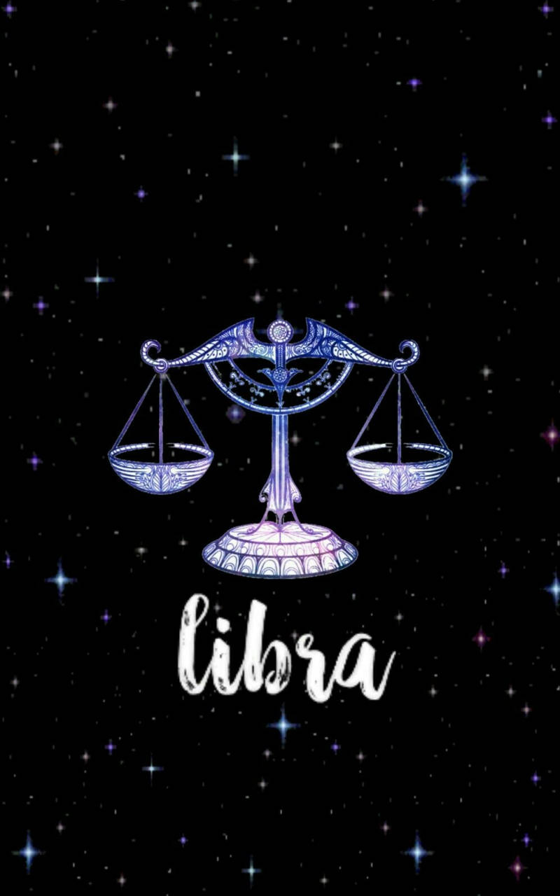 zodiac 桌布 壁紙 — 一個華麗的藍色天秤座星座符號在繁星點點的夜空下發光，下方有libra字樣。
