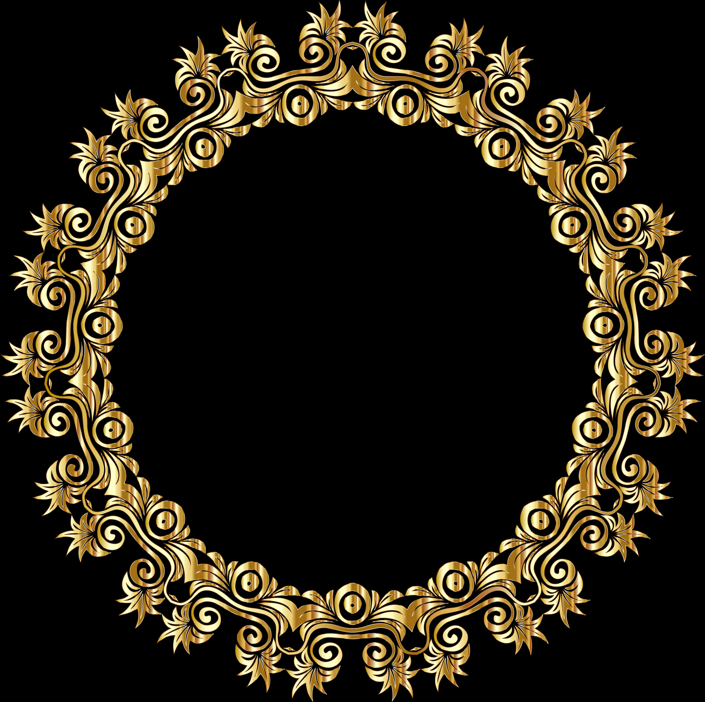 Gold Circle 桌布 壁紙 — 一個華麗的金色圓形框架，帶有漩渦狀葉片和卷軸圖案，置於純黑背景上。