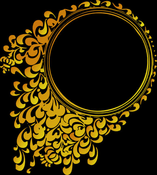 Gold Circle Frame 桌布 壁紙 — 一個華麗的金色圓形框架，帶有複雜的漩渦花卉圖案，背景為純黑色。