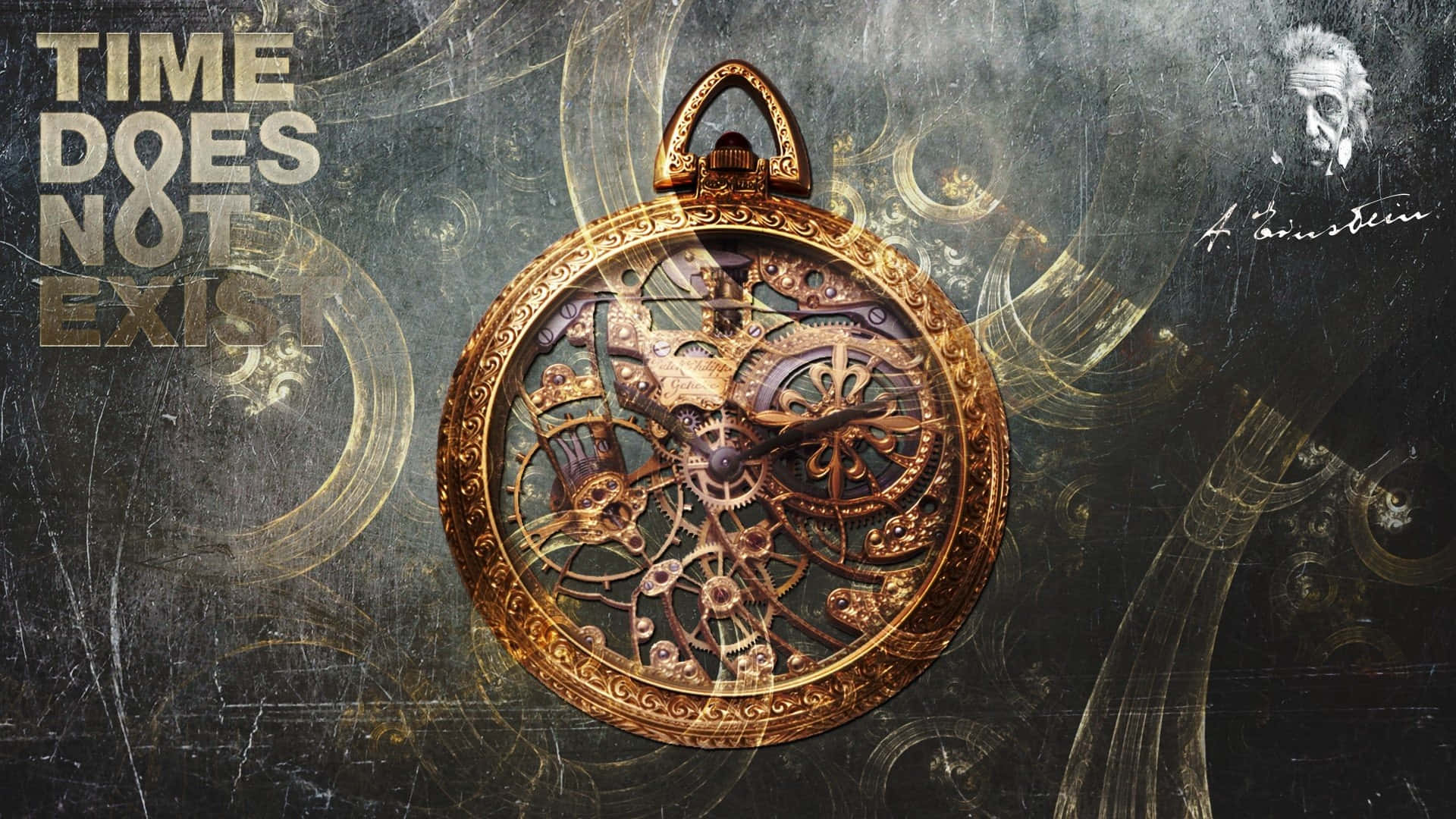 timer 桌布 壁紙 — 一個華麗的金色懷錶，帶有暴露的齒輪，漂浮在深色紋理背景上，上面有'時間不存在'的文字和愛因斯坦的簽名。