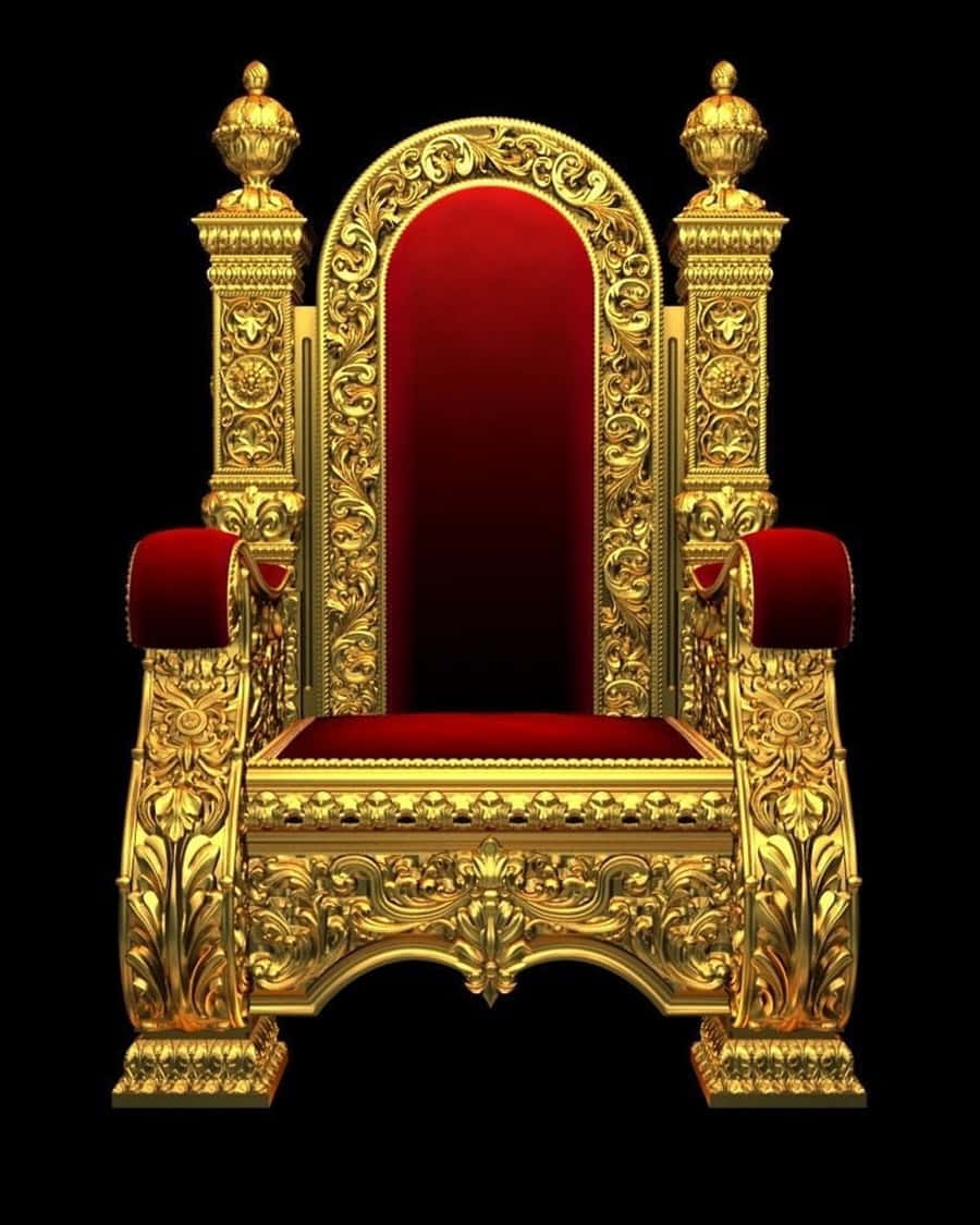 Throne 桌布 壁紙 — 一個華麗的金色王座，帶有精緻雕刻和深紅色天鵝絨軟墊，矗立在純黑色背景前。