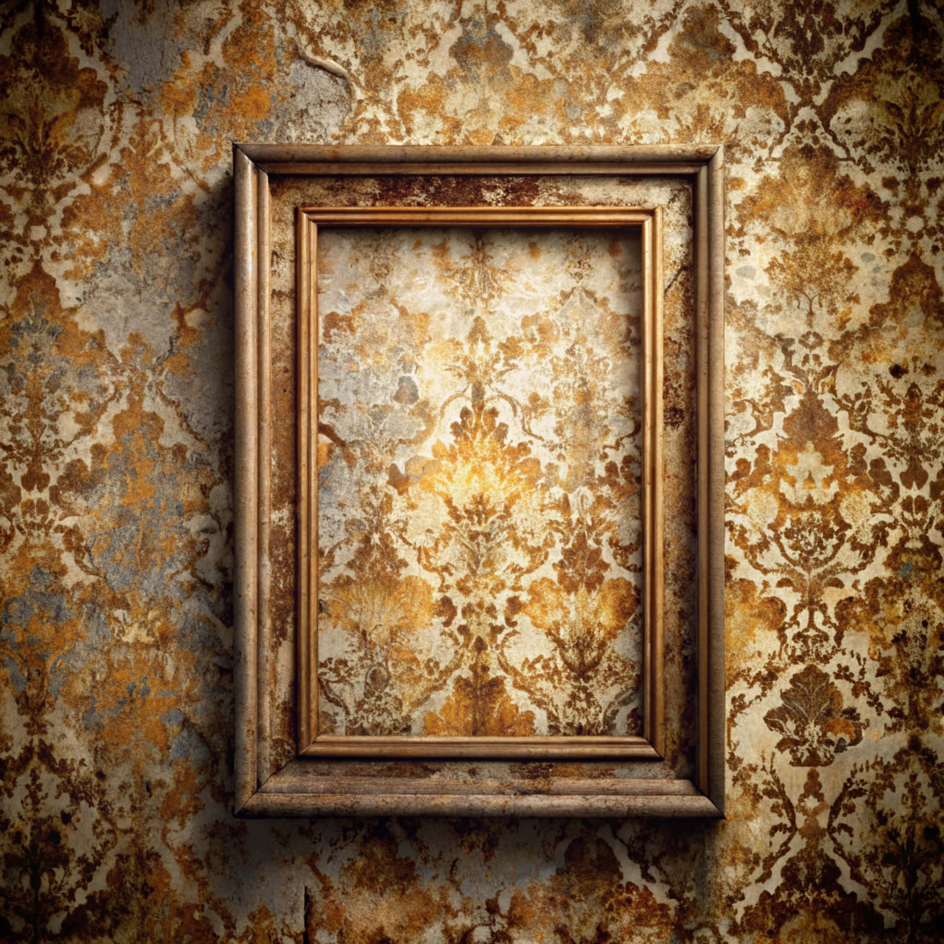 Antique wallpaper 壁紙 — 一個華麗的金色畫框掛在牆上，牆上覆蓋著剝落的復古錦緞壁紙，帶有鐵鏽和腐朽色調。