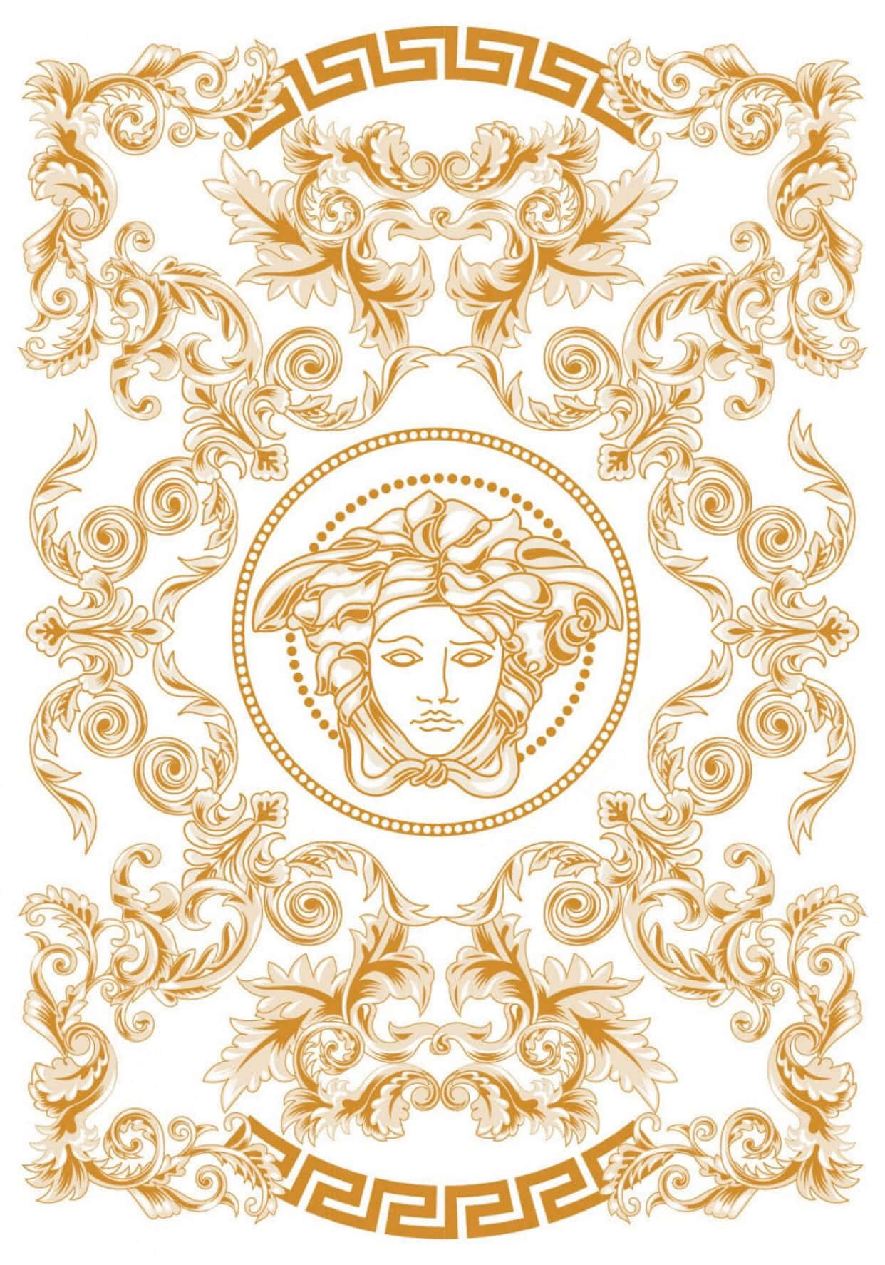 versace 桌布 壁紙 — 一個華麗的金色美杜莎頭像，置於對稱的巴洛克框架中央，帶有旋轉的葉飾和希臘鑰匙圖案，背景為白色。