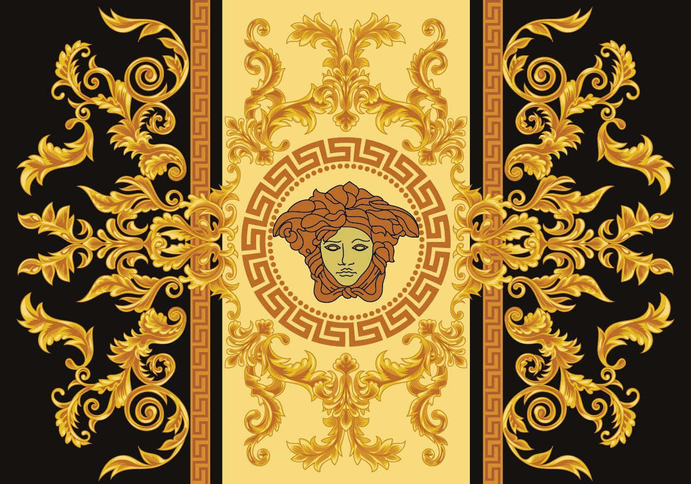 versace 桌布 壁紙 — 一個華麗的金色美杜莎頭像，置於黑色和奶油色背景上的華麗巴洛克圖案中央。