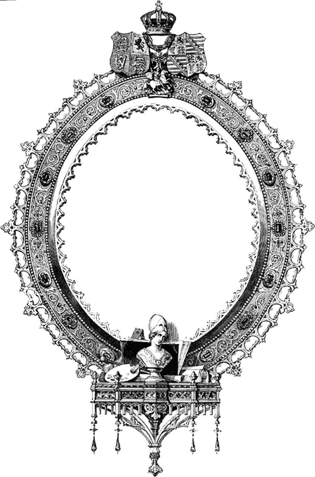 Frame 桌布 壁紙 — 一個華麗的銀框鏡子，頂部有皇冠和徽章，底部有古典半身像，背景為黑色。