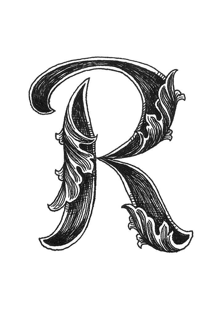 R 桌布 壁紙 — 一個華麗的黑白字母R，帶有複雜的葉狀花飾和交叉陰影線。