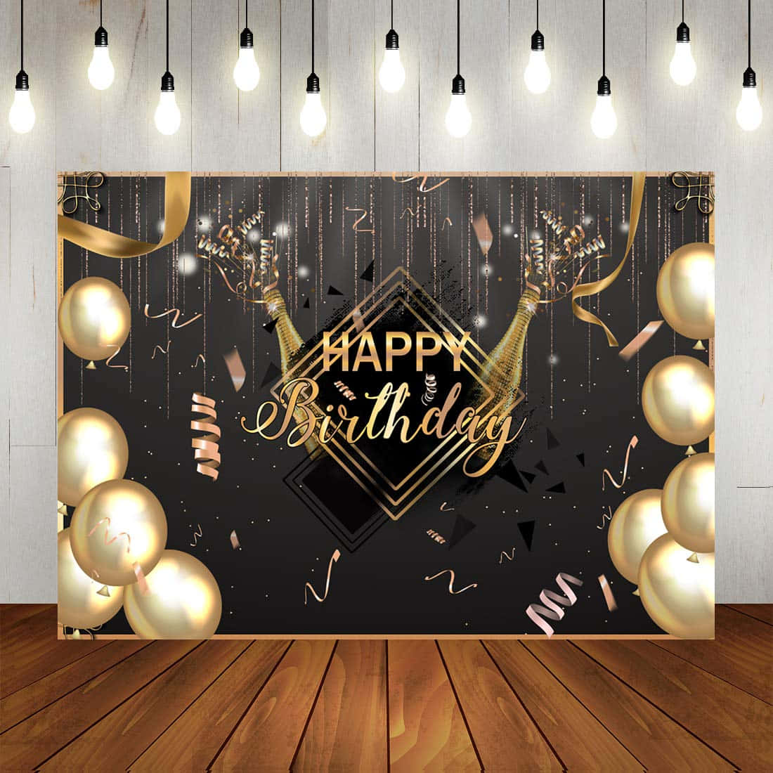 Backdrop 桌布 壁紙 — 一個華麗的黑色生日背景，掛有金色氣球、五彩紙屑和香檳瓶，下方懸掛燈泡。