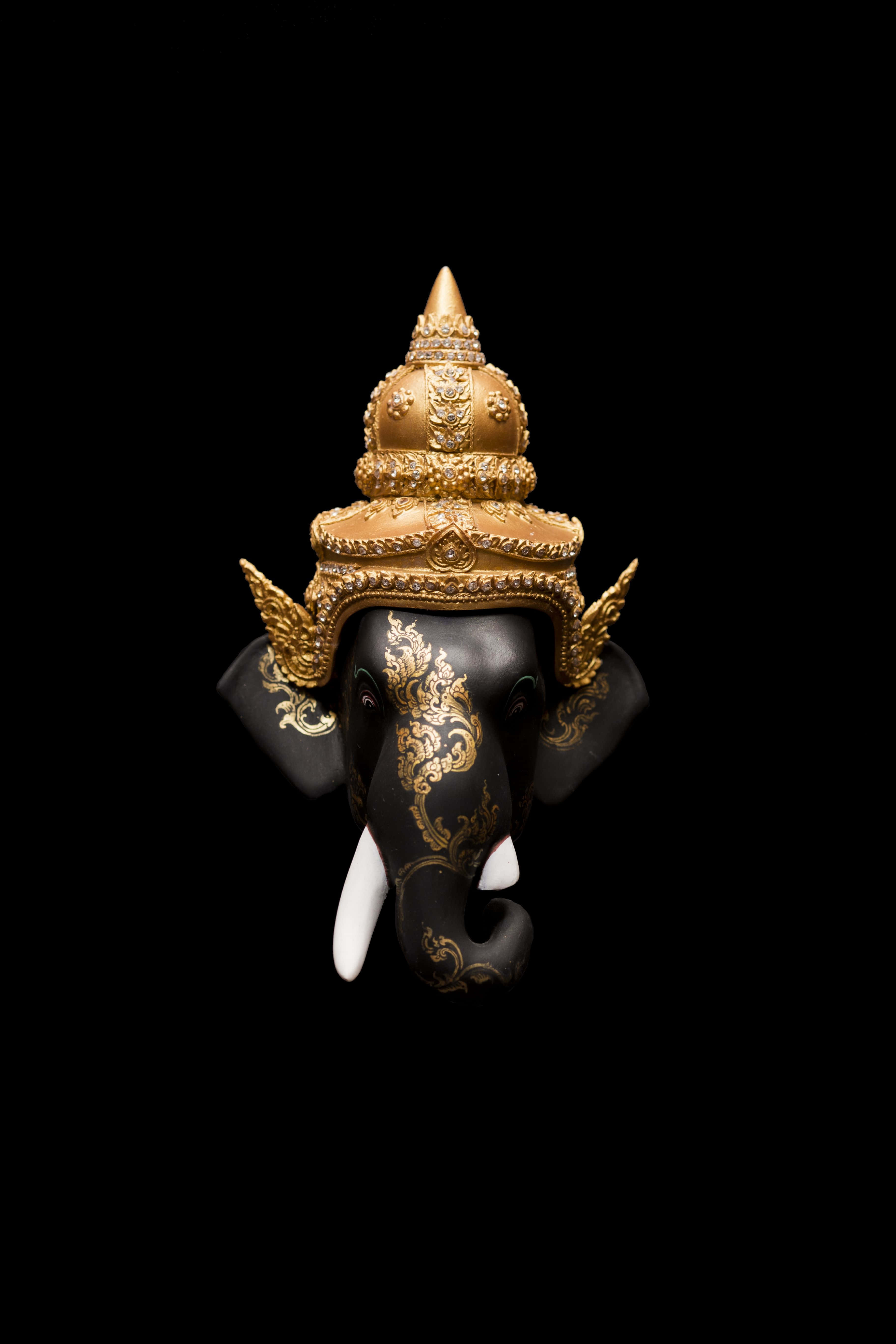 Ganesh 桌布 壁紙 — 一個華麗的黑象頭，飾有精緻的金色皇家頭飾和象牙，孤立在純黑色背景上。