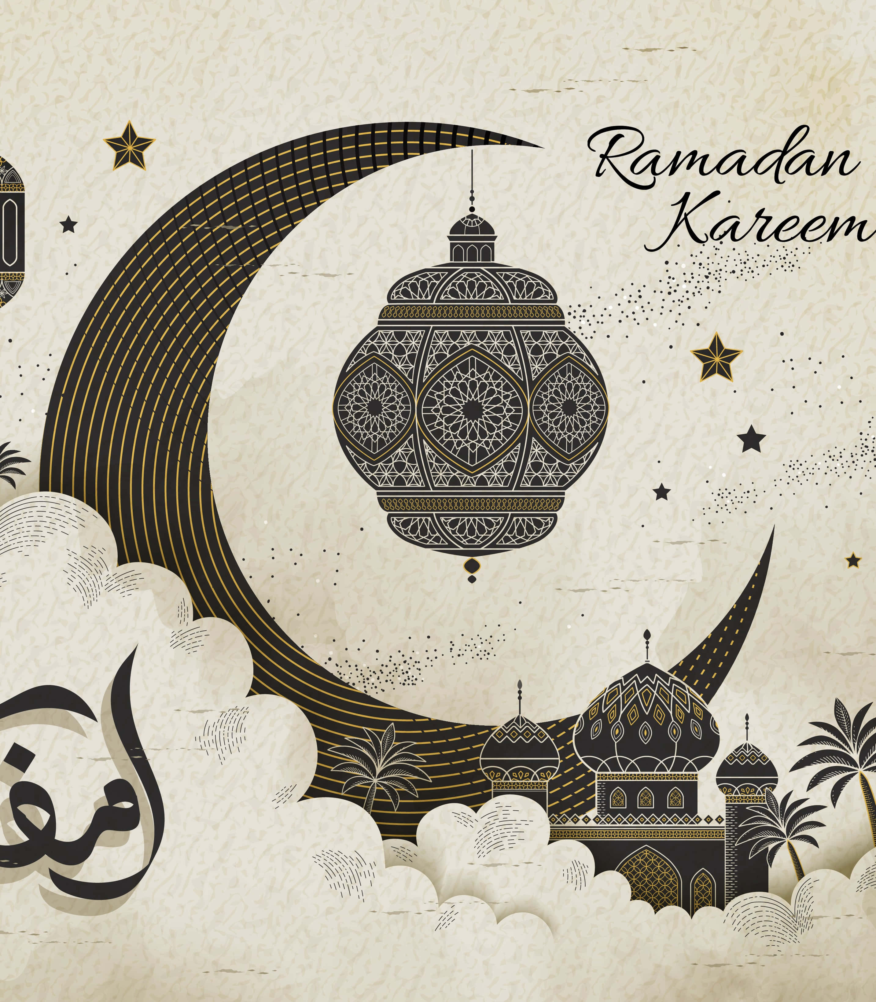Ramadan 桌布 壁紙 — 一個華麗的黑金燈籠掛在清真寺上方的新月前，背景有棕櫚樹和阿拉伯書法，質感米色背景。