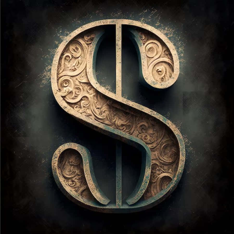S 桌布 壁紙 — 一個華麗雕刻的字母S，帶有旋轉花卉圖案，在深色紋理背景上發光。