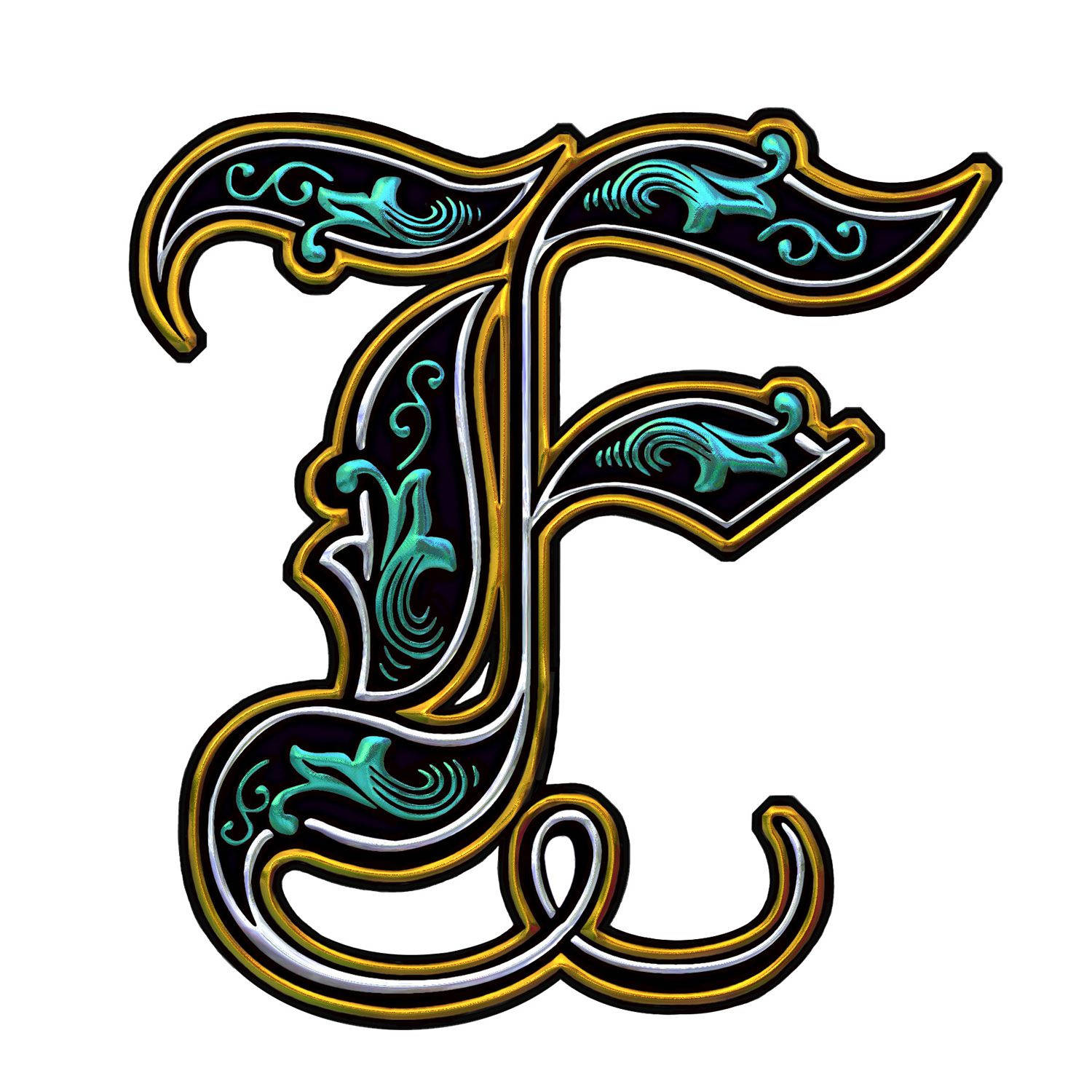 F 桌布 壁紙 — 一個華麗風格化的字母F，帶有金色、銀色和藍綠色的花絲裝飾，背景為黑色。