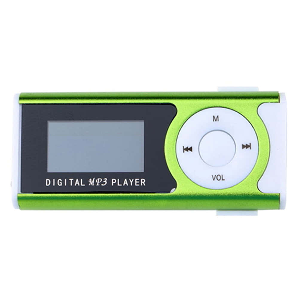 Music Player 桌布 壁紙 — 一個萊姆綠色的數位MP3播放器，帶有圓形控制面板和小螢幕，背景為白色。