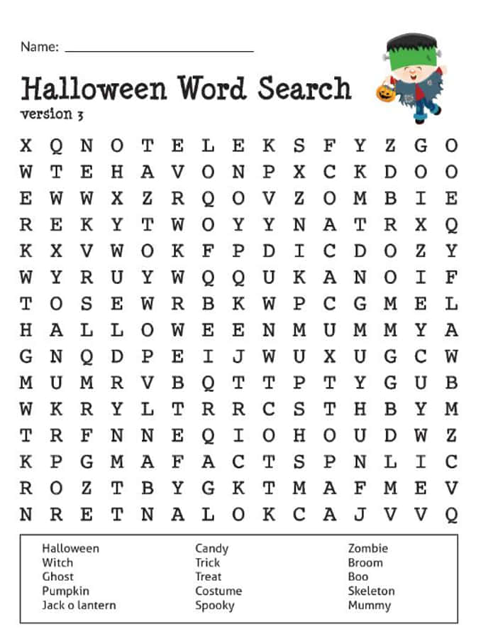 Halloween Puzzles 桌布 壁紙 — 一個萬聖節單詞搜索謎題，角落裡有科學怪人卡通，下方有恐怖詞彙列表。