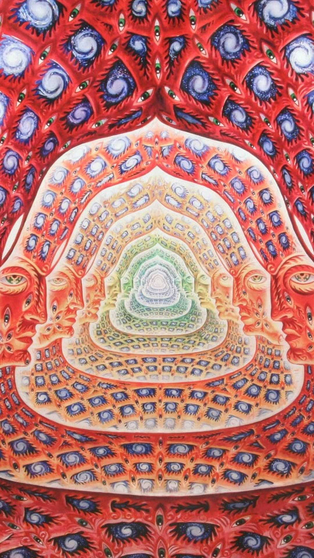 紅色、橙色和藍色眼睛的對稱圖案，形成螺旋狀曼陀羅。 — 迷幻動圖 壁紙