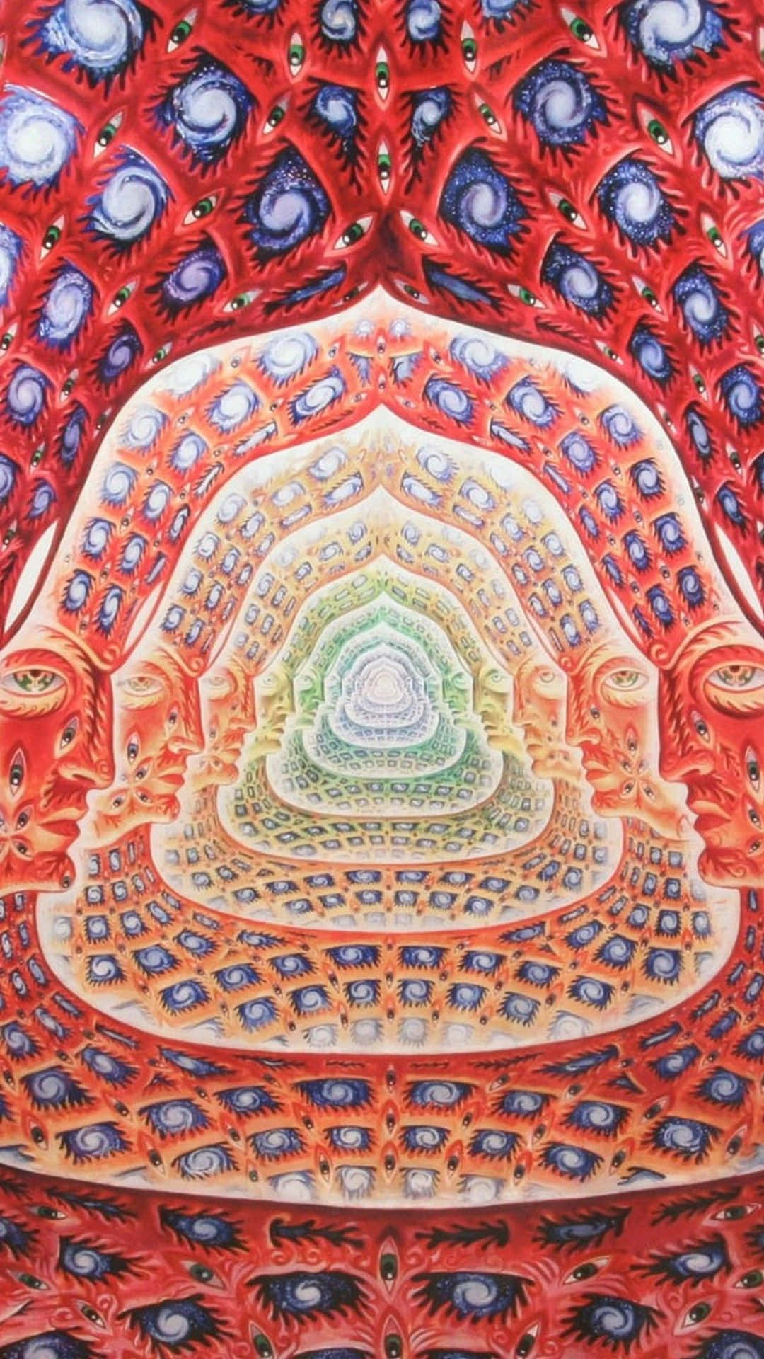 嬉皮 桌布 壁紙 — 一個萬花筒般的隧道，重複的眼睛狀圖案通過鮮豔的紅色、橙色和藍色向內螺旋，形成一個催眠的對稱漩渦。