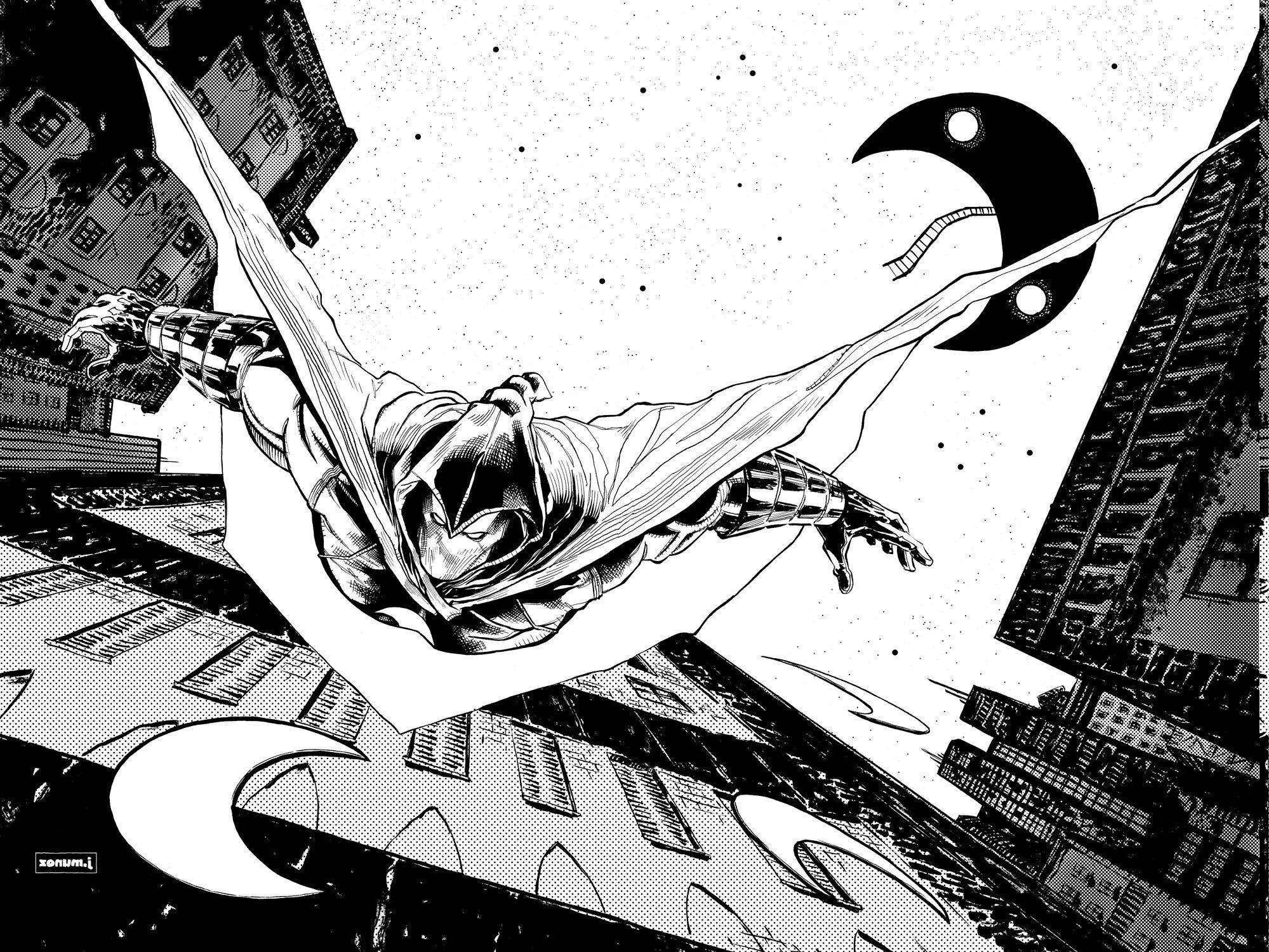 Moon Knight 桌布 壁紙 — 一個蒙面義警在彎月下於摩天大樓之間翱翔，採用高對比度的黑白漫畫風格。