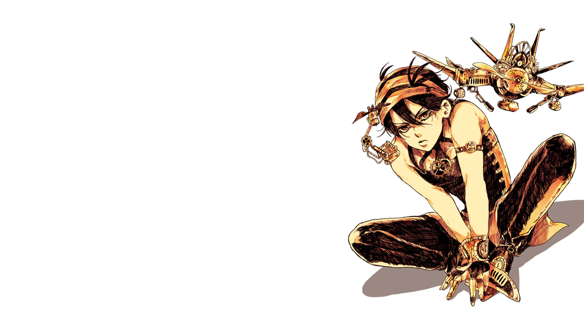 Vento Aureo 桌布 壁紙 — 一個蒸氣龐克動漫角色蹲下，帶有機械肢體和一個黃銅昆蟲夥伴，背景是純白色。