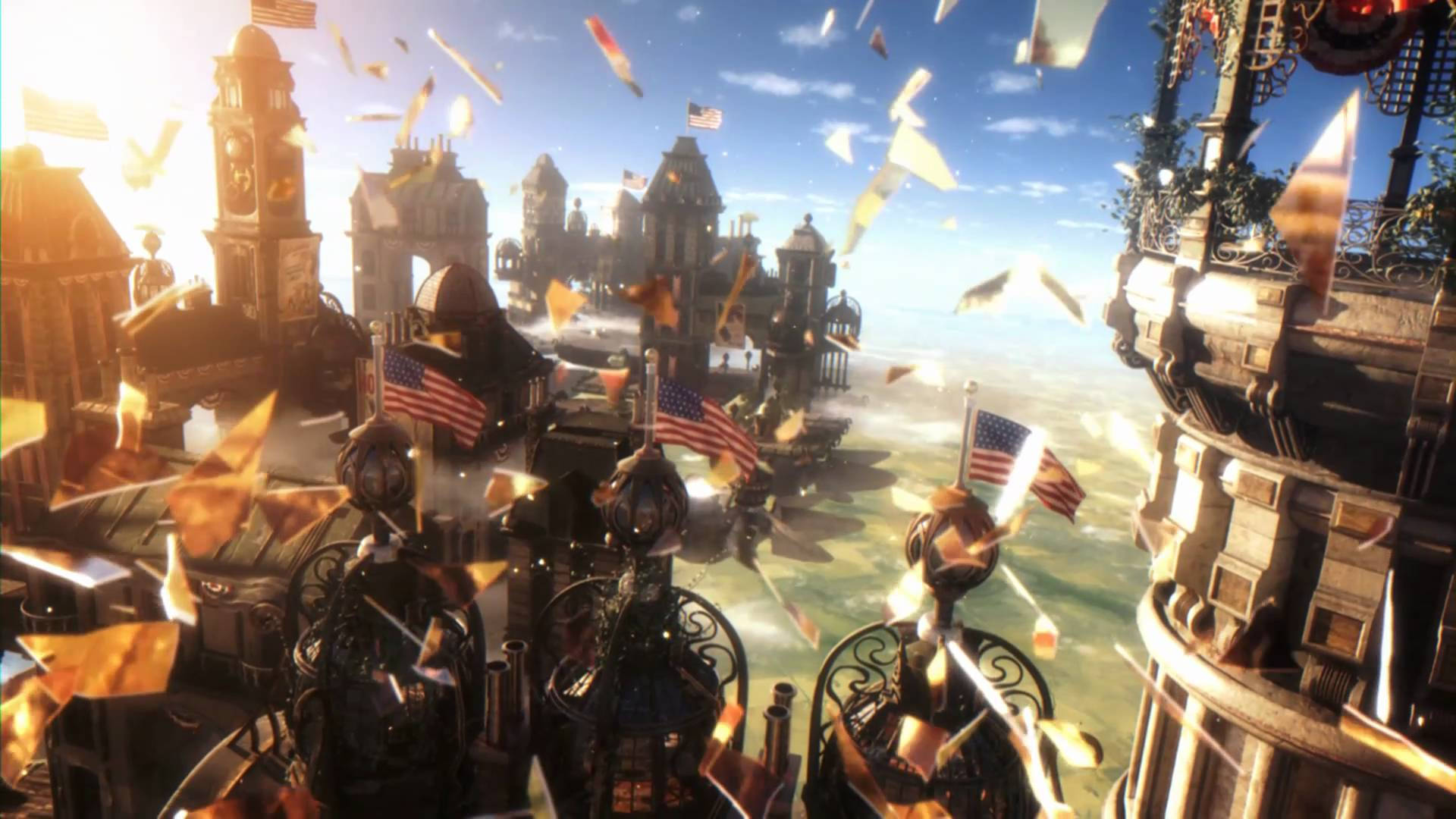 Bioshock Infinite Desktop 桌布 壁紙 — 一個蒸氣龐克城市景觀，擁有華麗建築和飄揚的美國國旗，在明亮的陽光下金色落葉紛飛。