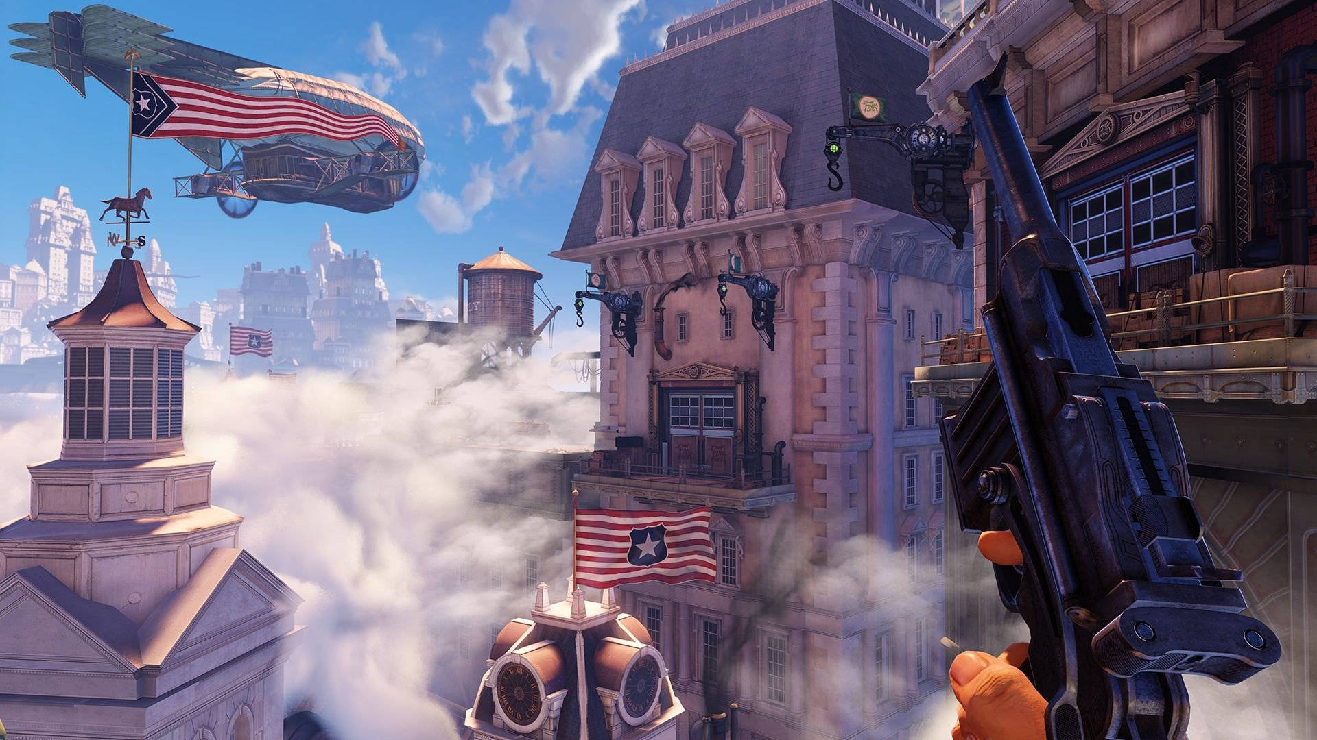 Bioshock Infinite Desktop 桌布 壁紙 — 一個蒸氣龐克城市景觀，有一艘漂浮的飛船和一隻戴手套的手握著一把大槍，周圍煙霧繚繞。