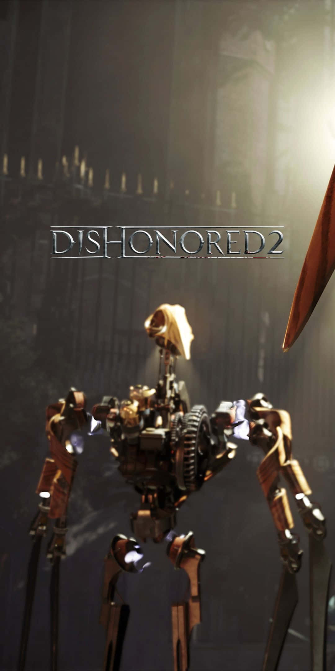 Pixel 3 Dishonored 2 桌布 壁紙 — 一個蒸氣龐克機械生物站在昏暗的哥德式大教堂中，陽光透過彩繪玻璃窗照射進來。