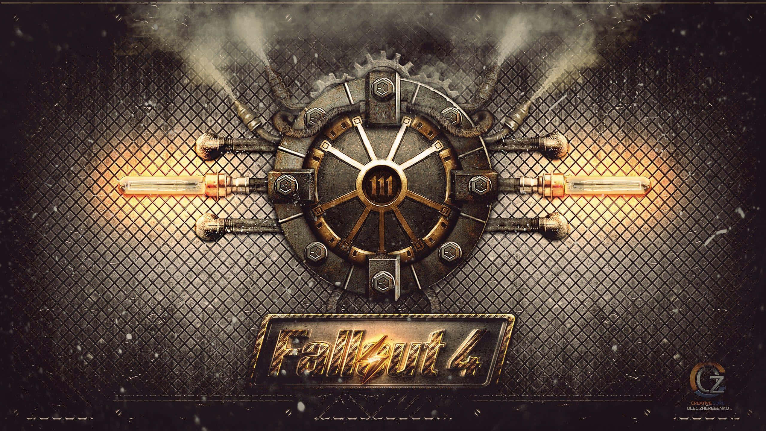 Vault-tec 桌布 壁紙 — 一個蒸氣龐克風格的Fallout 4標誌，在深色金屬網格背景上有發光的管道和齒輪。