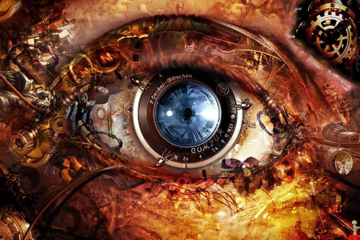 Surreal Art 桌布 壁紙 — 一個蒸氣龐克風格的眼睛，周圍有黃銅齒輪和鐘錶機制，環繞著帶有相機光圈標記的藍色鏡片。