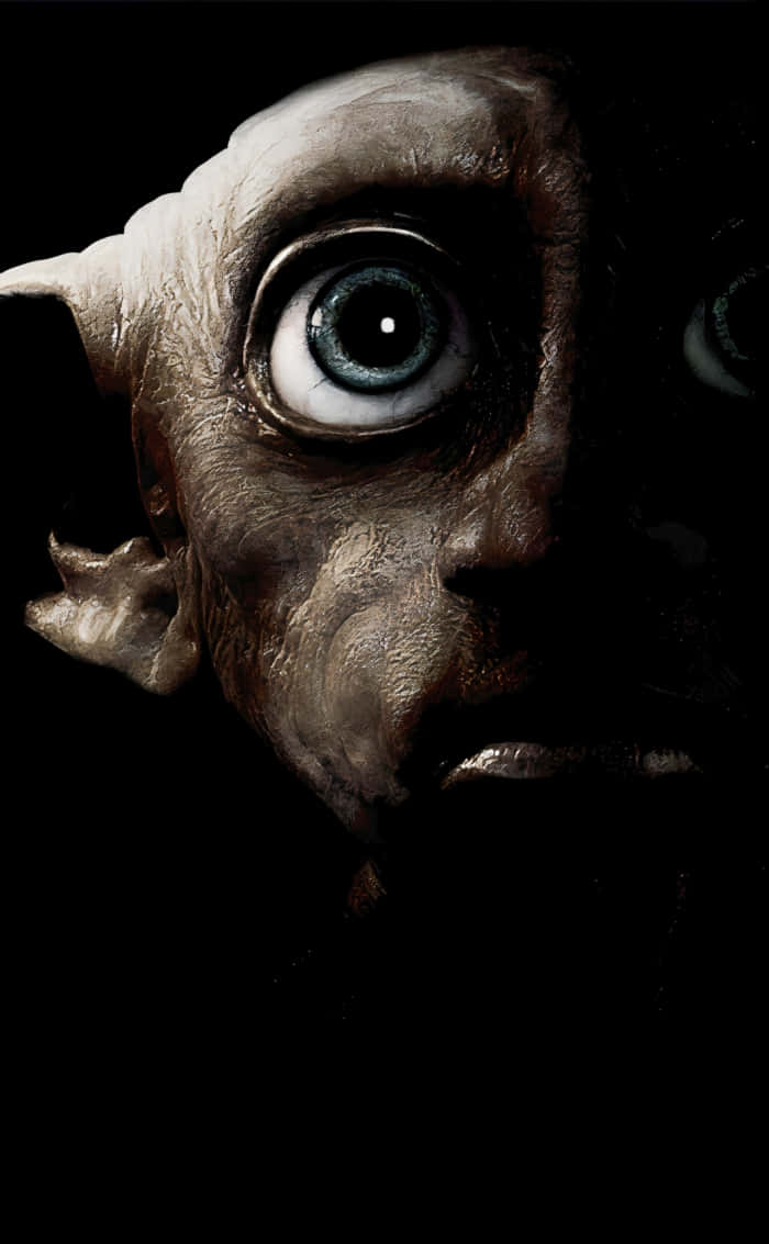 Harry Potter Dobby 桌布 壁紙 — 一個蒼白、像哥布林的生物特寫，有一隻藍色大眼睛，在黑色背景下強烈凝視。