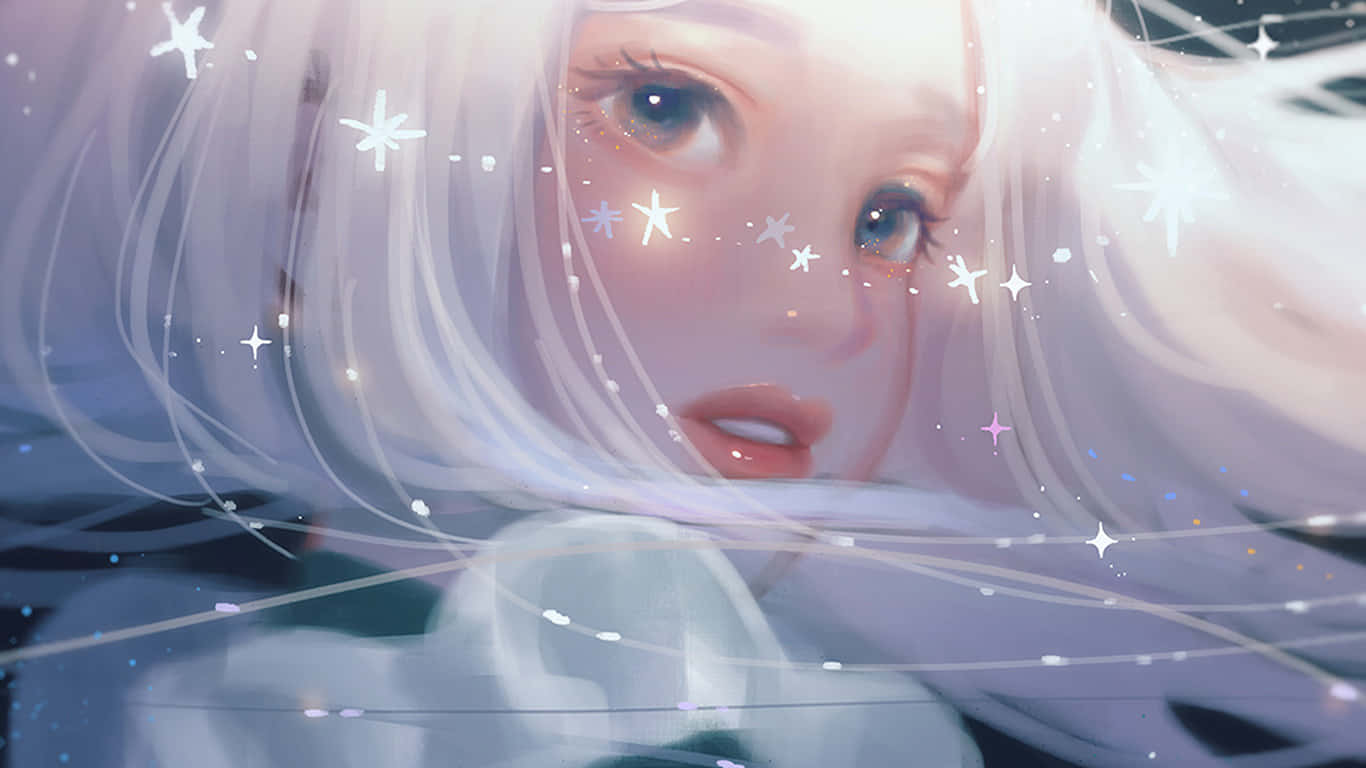 動畫 桌布 壁紙 — 一個蒼白動漫女孩的特寫，發光的星塵粒子漂浮在她柔軟的白髮和溫柔的目光周圍。