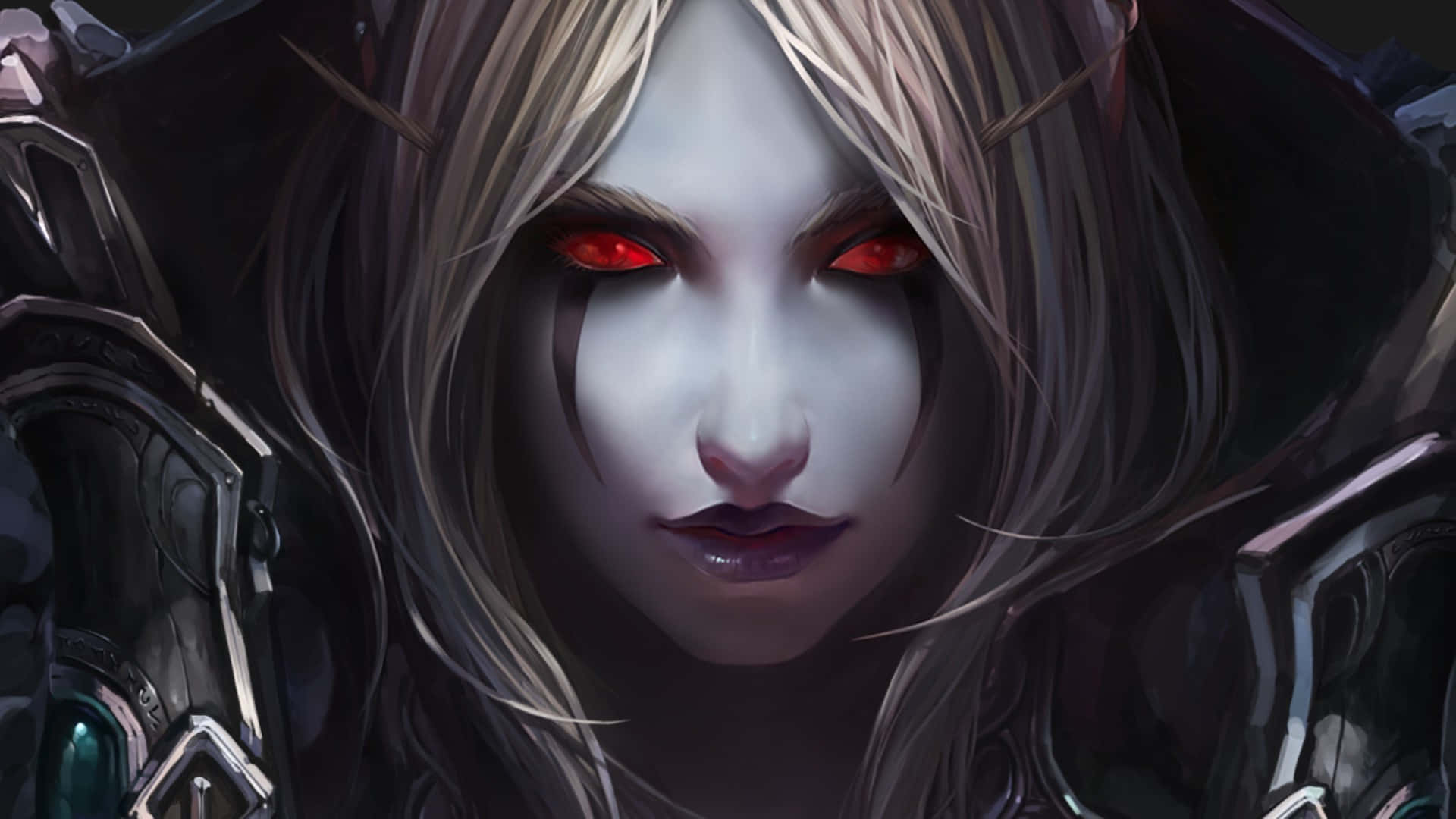 Sylvanas Windrunner 桌布 壁紙 — 一個蒼白女人的特寫，她擁有發光的紅眼睛和銀色盔甲，處於黑暗奇幻設定中。