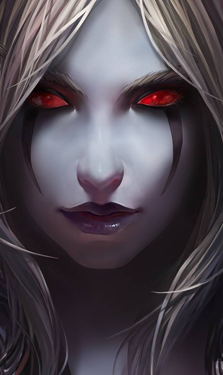 Sylvanas Windrunner 桌布 壁紙 — 一個蒼白女人的特寫，擁有發光的紅眼睛和銀色頭髮，在黑暗的數位藝術肖像中。