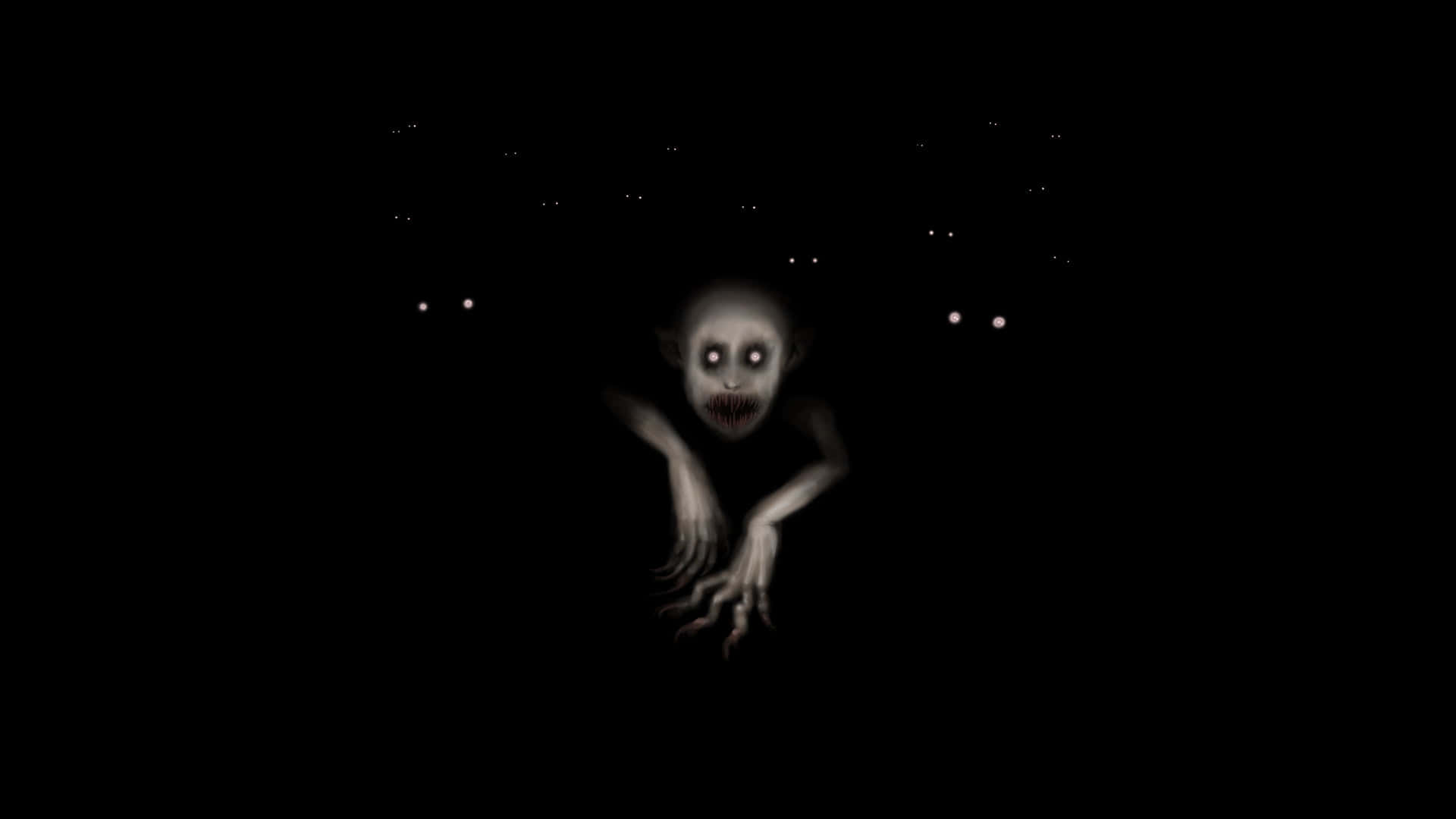 一個蒼白幽靈般的孩子，眼睛發光，從黑暗中爬出。 — 惡魔動圖 壁紙