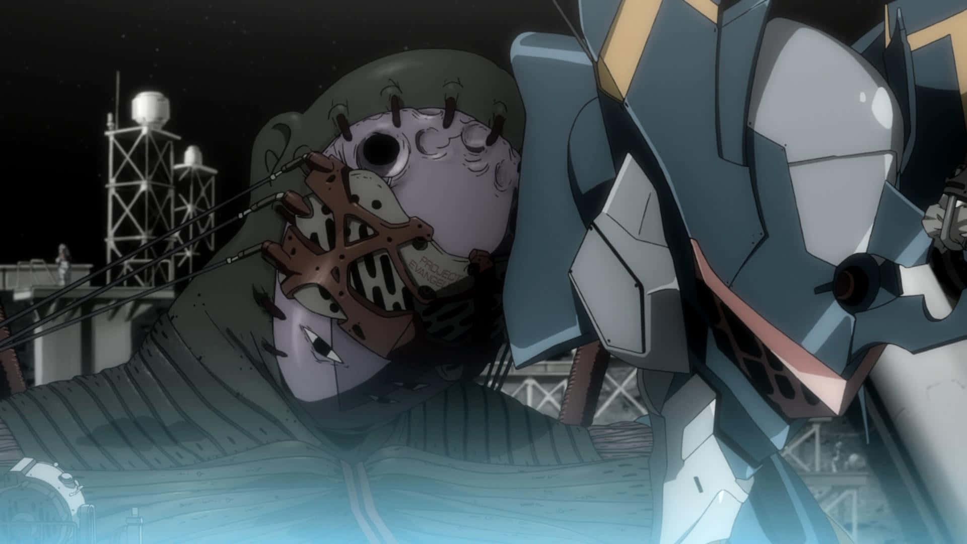 Adam Evangelion 桌布 壁紙 — 一個蒼白戴面具的人物穿著連帽外套，倚靠著一座高聳的藍白機甲，背景是星空夜空。