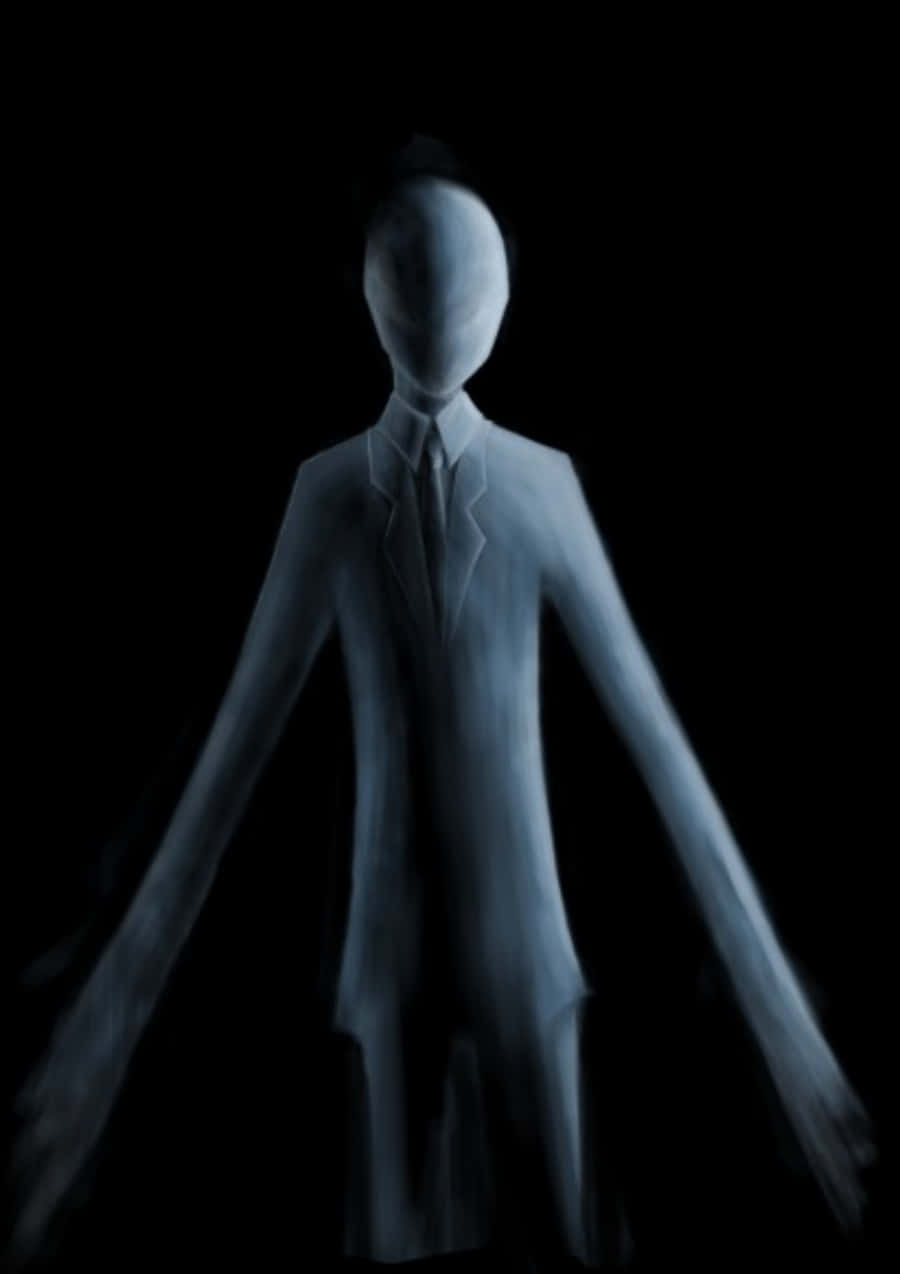 Creepypasta 桌布 壁紙 — 一個蒼白的人形身影穿著西裝，站在黑色背景前，帶有發光的藍色色調和模糊的邊緣。