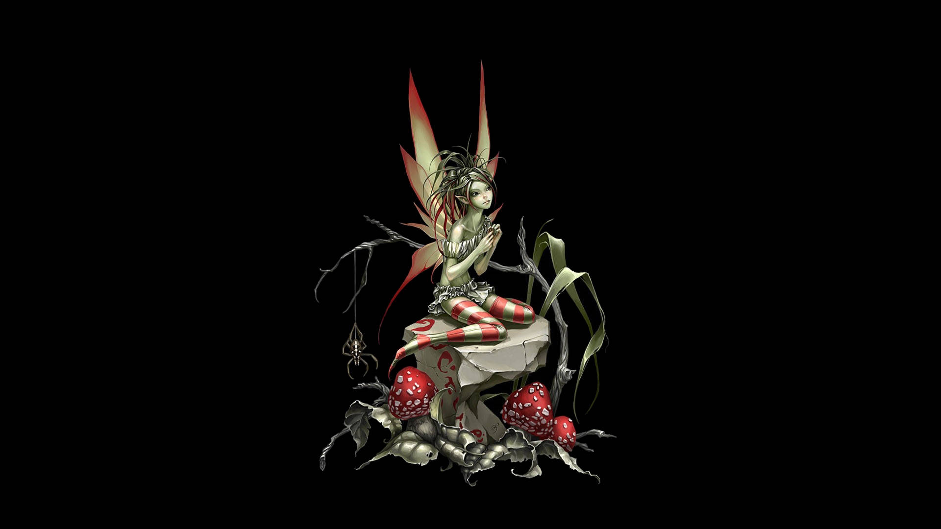 Fairy Grunge 桌布 壁紙 — 一個蒼白的仙女，長著紅白相間的翅膀，坐在一塊被紅色蘑菇和黑暗藤蔓包圍的石頭上，背景是黑色。