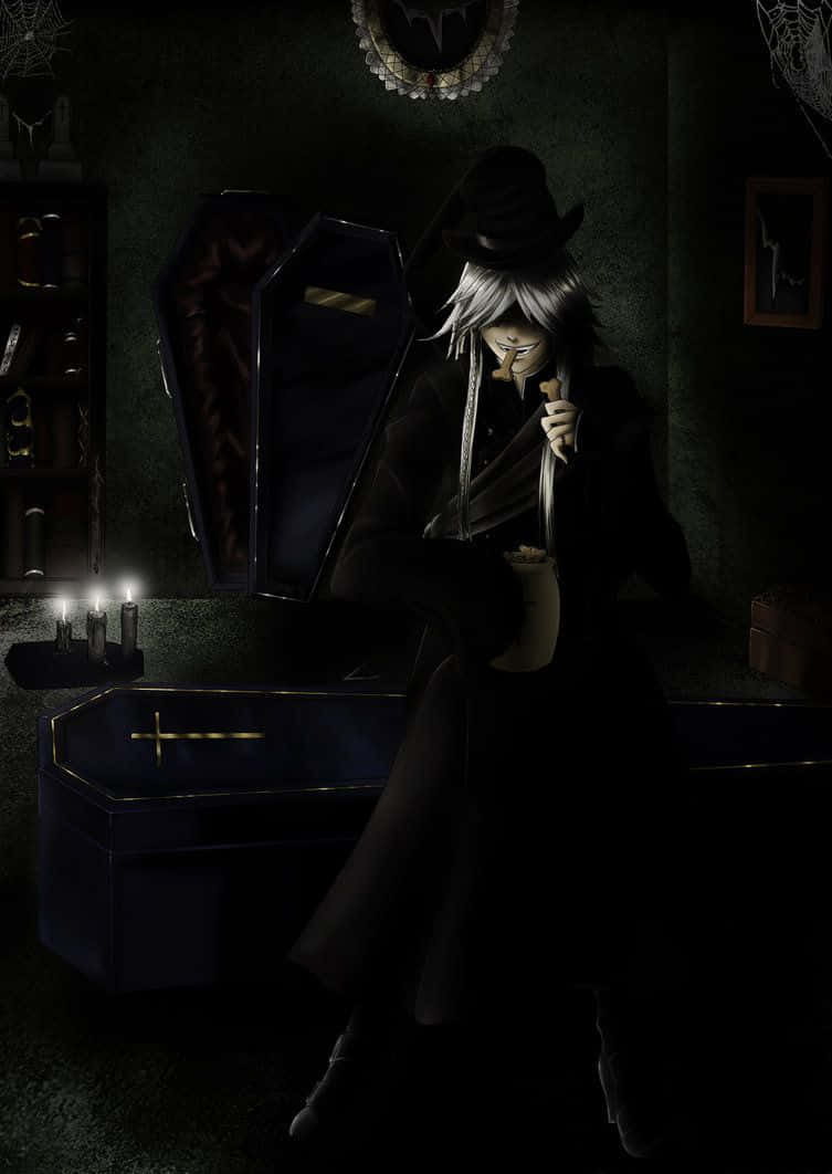 Black Butler Undertaker 桌布 壁紙 — 一個蒼白的動漫吸血鬼，戴著黑色帽子和外套，在昏暗的哥德式房間裡，在打開的棺材旁邊啜飲茶。