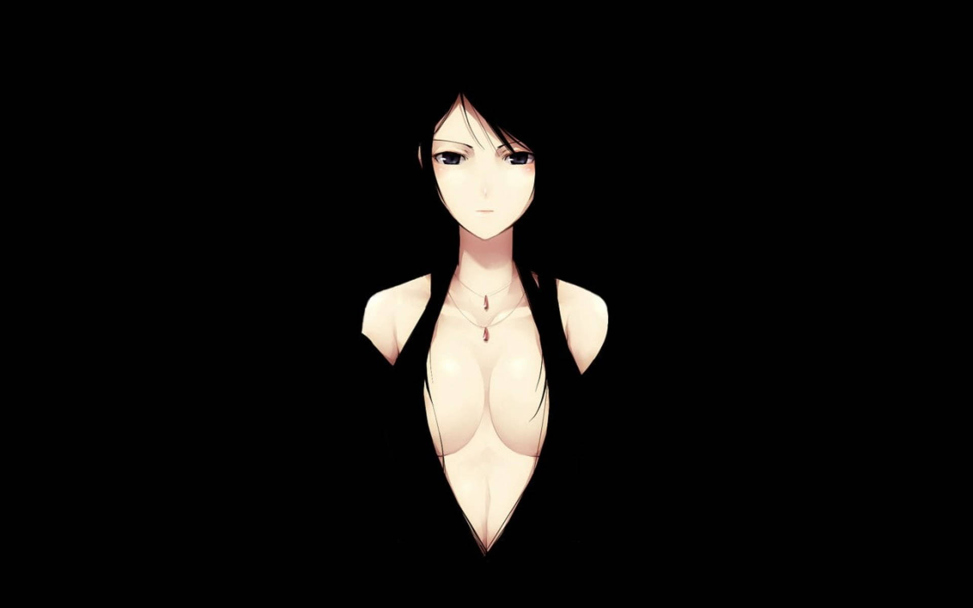 Sexy Anime 桌布 壁紙 — 一個蒼白的動漫女人，黑髮和紅色吊墜，從極簡黑色背景的黑暗中浮現。